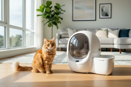 Happy cat next to litter box