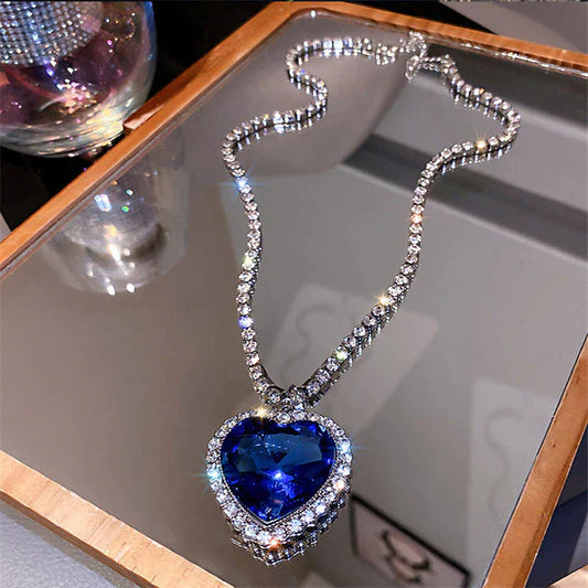 Blue Heart Crystal Necklace S925 Silver Zirconia Pendant 57cm Chain