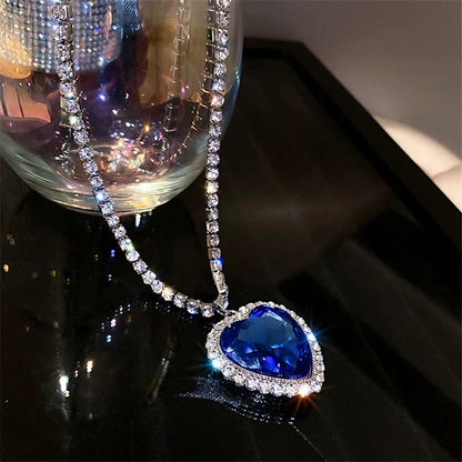 Blue Heart Crystal Necklace S925 Silver Zirconia Pendant 57cm Chain