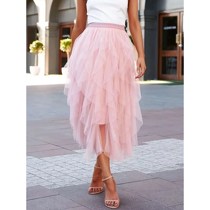 High Waist Tiered Pink Slimming Mesh Skirt