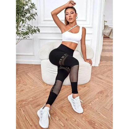 Pantalones de yoga sin costura ahuecados con paneles de malla