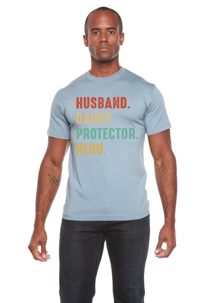 Époux, Papa, Protecteur, Héros T-Shirt Graphique à Manches Courtes Homme en Viscose de Bambou/Coton Biologique