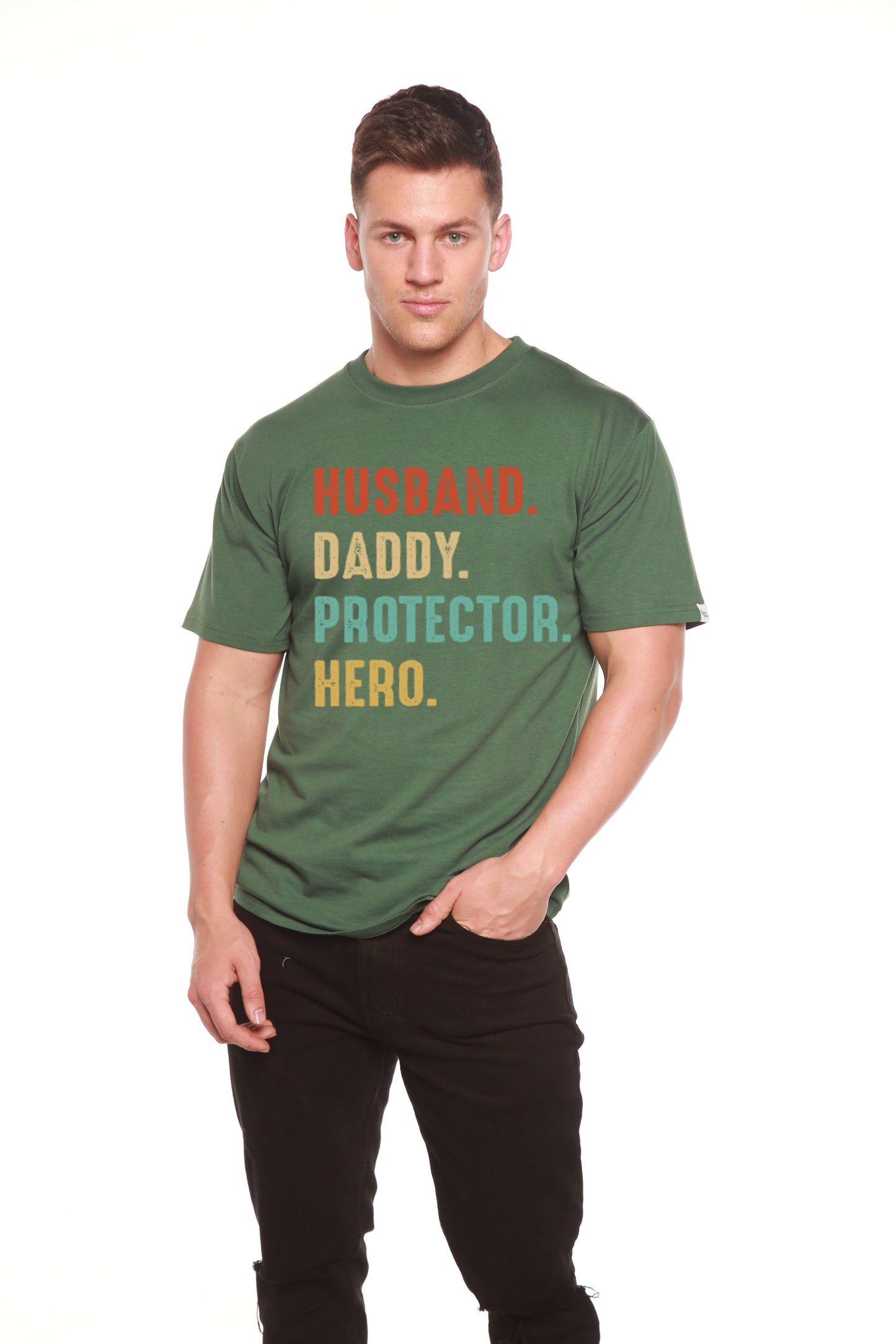 Époux, Papa, Protecteur, Héros T-Shirt Graphique à Manches Courtes Homme en Viscose de Bambou/Coton Biologique