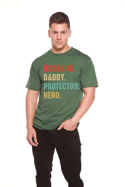 Époux, Papa, Protecteur, Héros T-Shirt Graphique à Manches Courtes Homme en Viscose de Bambou/Coton Biologique
