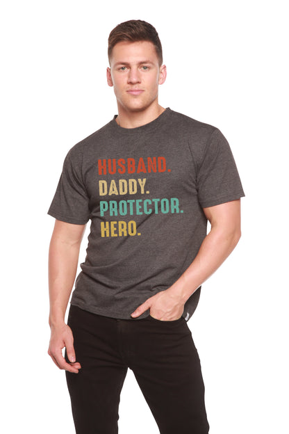 Époux, Papa, Protecteur, Héros T-Shirt Graphique à Manches Courtes Homme en Viscose de Bambou/Coton Biologique