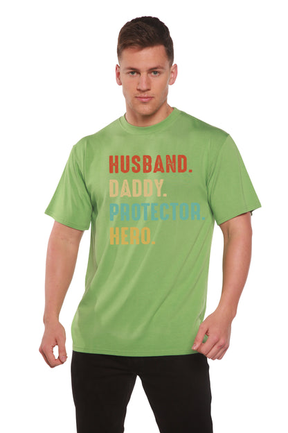 Époux, Papa, Protecteur, Héros T-Shirt Graphique à Manches Courtes Homme en Viscose de Bambou/Coton Biologique