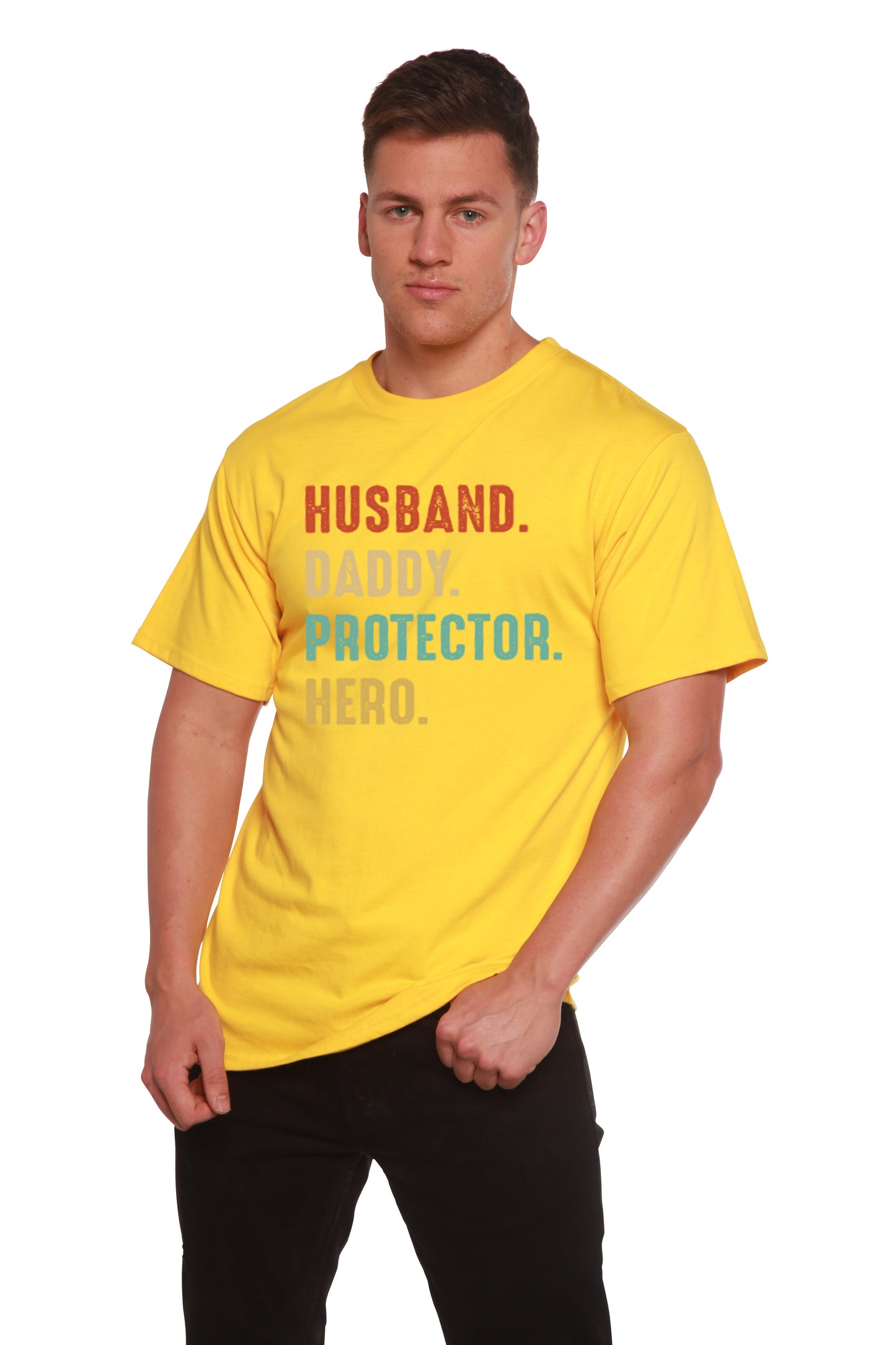 Époux, Papa, Protecteur, Héros T-Shirt Graphique à Manches Courtes Homme en Viscose de Bambou/Coton Biologique
