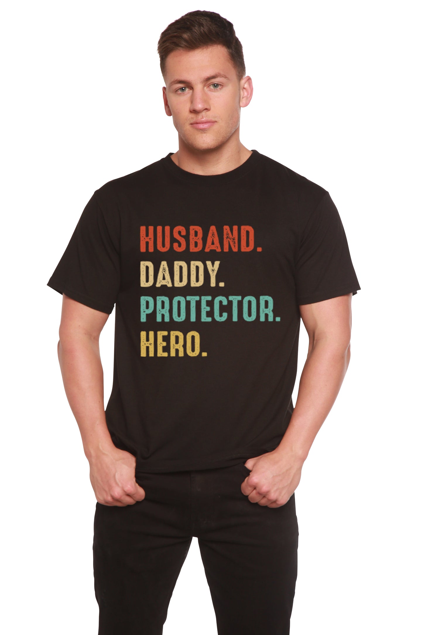 Époux, Papa, Protecteur, Héros T-Shirt Graphique à Manches Courtes Homme en Viscose de Bambou/Coton Biologique