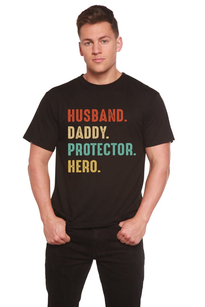 Époux, Papa, Protecteur, Héros T-Shirt Graphique à Manches Courtes Homme en Viscose de Bambou/Coton Biologique