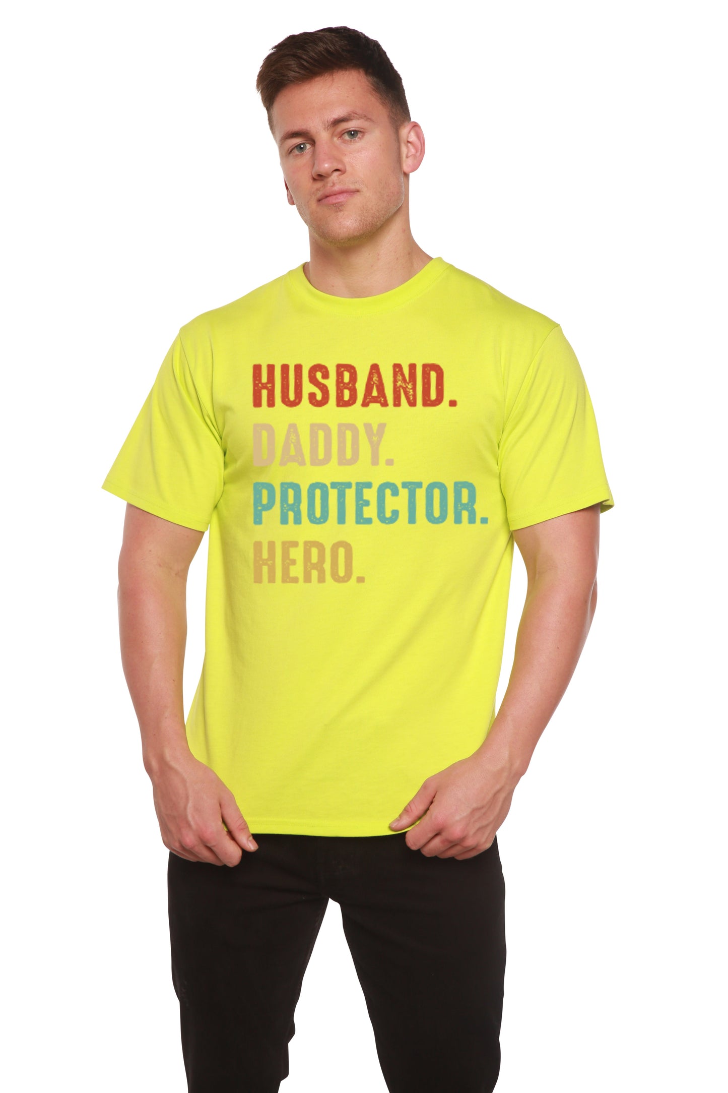 Époux, Papa, Protecteur, Héros T-Shirt Graphique à Manches Courtes Homme en Viscose de Bambou/Coton Biologique