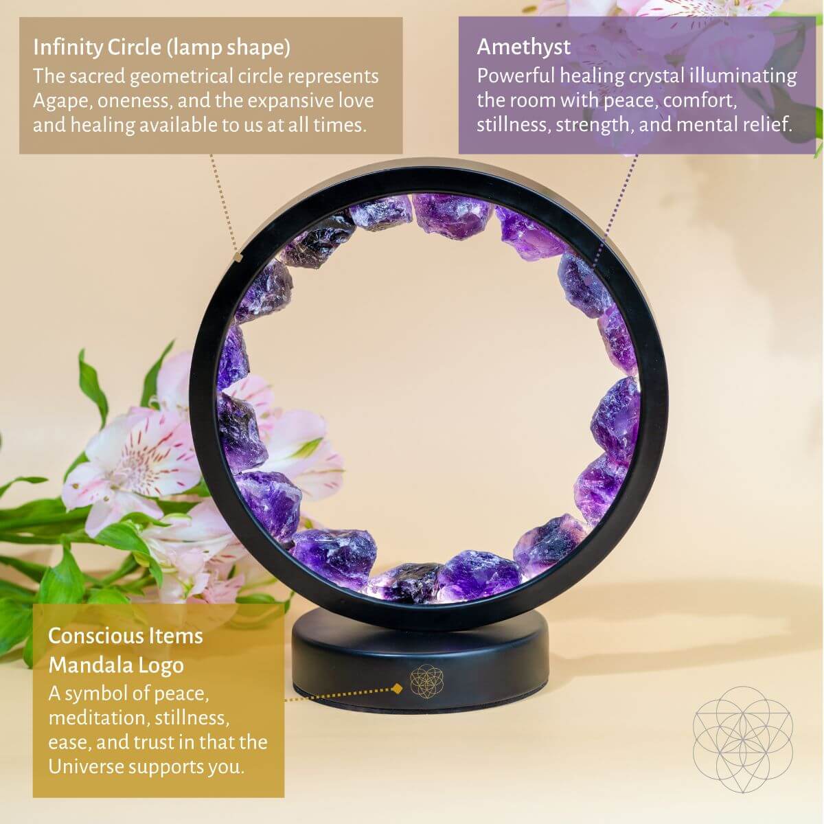 I Am At Peace – Spiritual Protection Amethyst Halo Lamp | Crystal Healing Light for Meditation, Energy Balance & Sacred Home Atmosphere