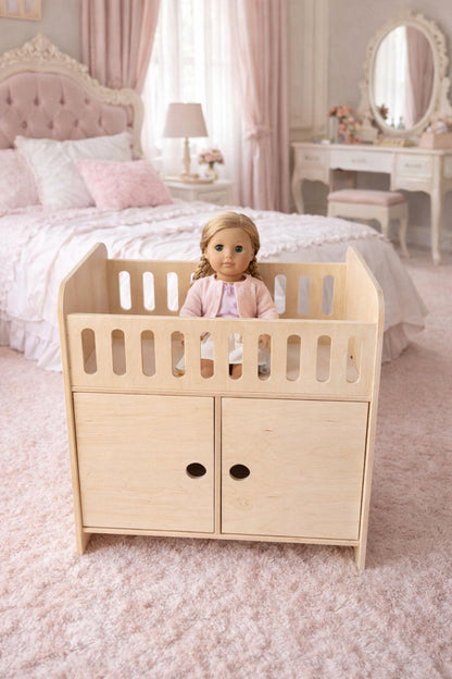 Lit de poupée CLARA avec rangement – Lit de poupée en bois avec cintres | Bush Acres