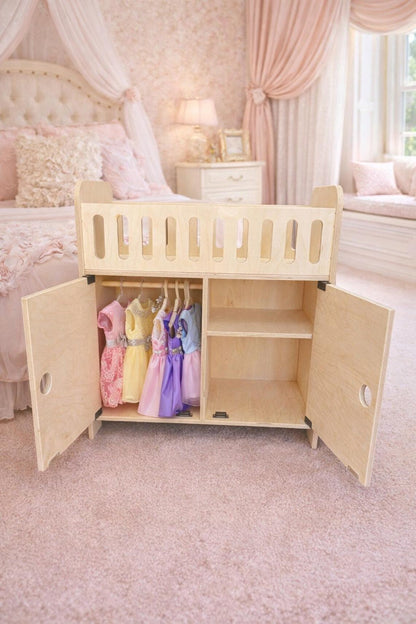 Lit de poupée CLARA avec rangement – Lit de poupée en bois avec cintres | Bush Acres