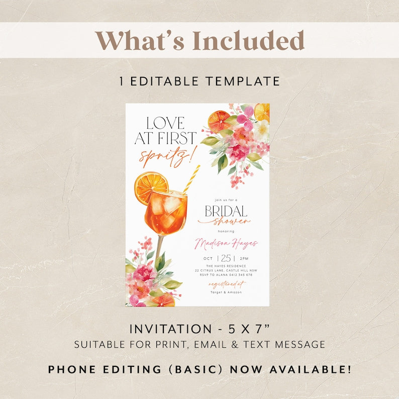 Invitation à la douche nuptiale "L'Amour au premier spritz", Invitation à la douche nuptiale "Aperol Spritz", Brunch nuptial "Agrumes", Douche nuptiale "Orange et Fleurs Éclatantes"