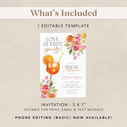Invitation à la douche nuptiale "L'Amour au premier spritz", Invitation à la douche nuptiale "Aperol Spritz", Brunch nuptial "Agrumes", Douche nuptiale "Orange et Fleurs Éclatantes"