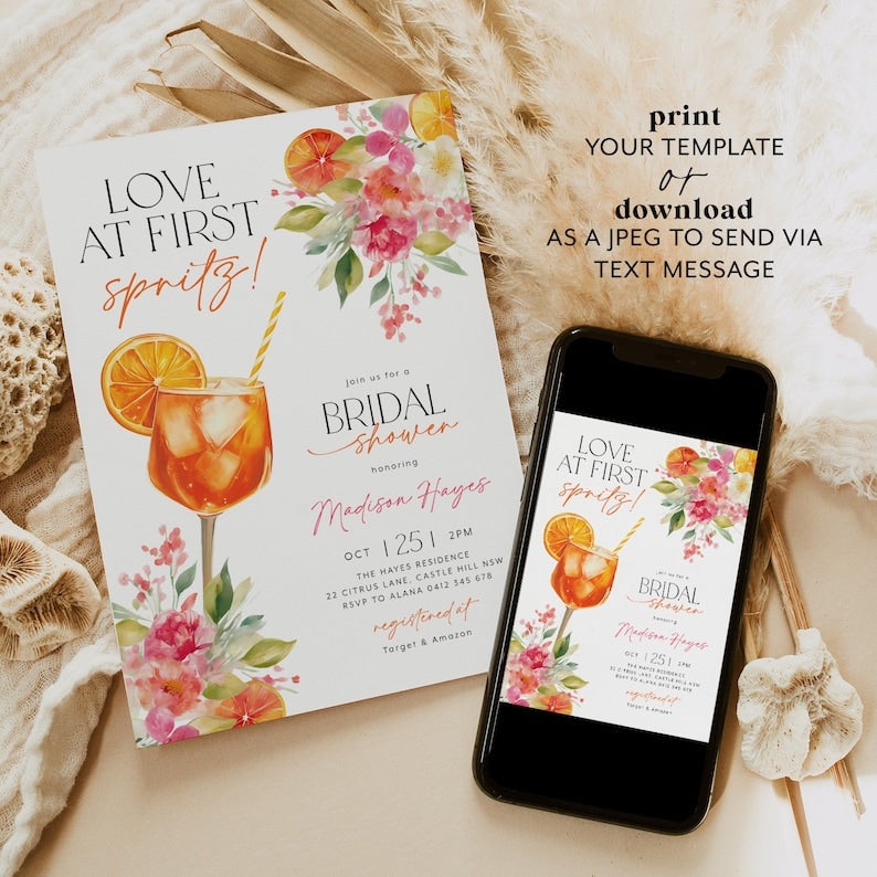 Invitation à la douche nuptiale "L'Amour au premier spritz", Invitation à la douche nuptiale "Aperol Spritz", Brunch nuptial "Agrumes", Douche nuptiale "Orange et Fleurs Éclatantes"