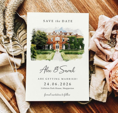 DIGITAL Venue Save the Date Card, E-Invite Watercolour Wedding Save the Dates, Sketch Illustration Painting Drawing