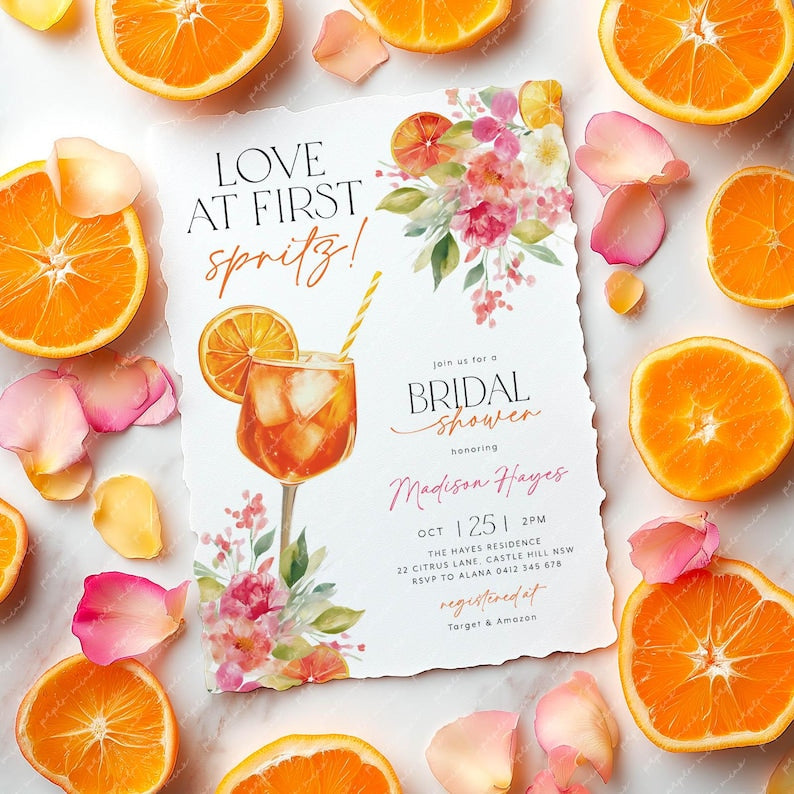Invitation à la douche nuptiale "L'Amour au premier spritz", Invitation à la douche nuptiale "Aperol Spritz", Brunch nuptial "Agrumes", Douche nuptiale "Orange et Fleurs Éclatantes"