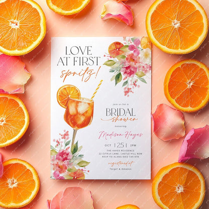 Invitation à la douche nuptiale "L'Amour au premier spritz", Invitation à la douche nuptiale "Aperol Spritz", Brunch nuptial "Agrumes", Douche nuptiale "Orange et Fleurs Éclatantes"