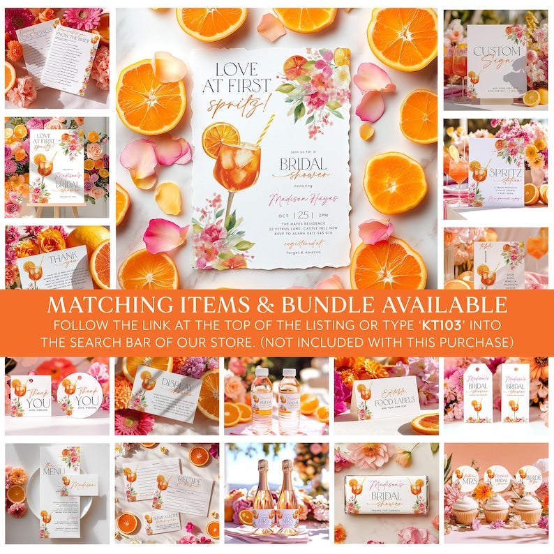Invitation à la douche nuptiale "L'Amour au premier spritz", Invitation à la douche nuptiale "Aperol Spritz", Brunch nuptial "Agrumes", Douche nuptiale "Orange et Fleurs Éclatantes"