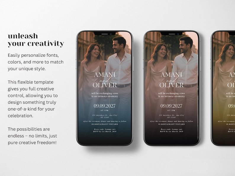 Modèle Canva d'invitation électronique pour la réception de mariage, faire-part numérique moderne, invitation numérique pour la cérémonie de mariage et la réception, annonce de mariage