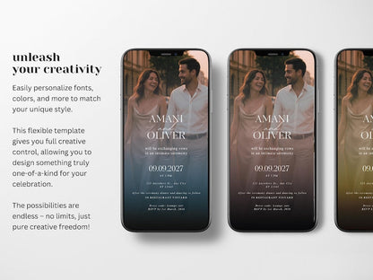 Modèle Canva d'invitation électronique pour la réception de mariage, faire-part numérique moderne, invitation numérique pour la cérémonie de mariage et la réception, annonce de mariage