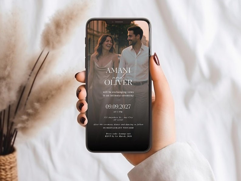 Modèle Canva d'invitation électronique pour la réception de mariage, faire-part numérique moderne, invitation numérique pour la cérémonie de mariage et la réception, annonce de mariage