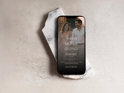 Modèle Canva d'invitation électronique pour la réception de mariage, faire-part numérique moderne, invitation numérique pour la cérémonie de mariage et la réception, annonce de mariage