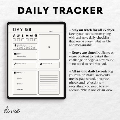 75 Day Challenge Tracker | Digital Planner for Self-Discipline, Fitness & Mental Toughness