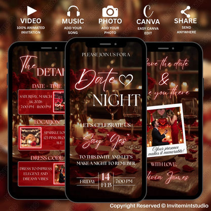 Animated Date Night Invitation, Romantic Dinner Text Invite, Instant Digital Download for Customizable Date Night Celebration, Canva Design