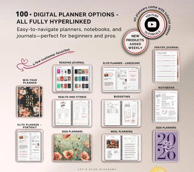 LOT BOUTIQUE Agenda numérique 2026 Modèle GoodNotes iPad Android Notability Autocollants de journal Imprimables et Inserts