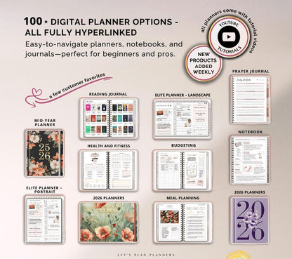 LOT BOUTIQUE Agenda numérique 2026 Modèle GoodNotes iPad Android Notability Autocollants de journal Imprimables et Inserts