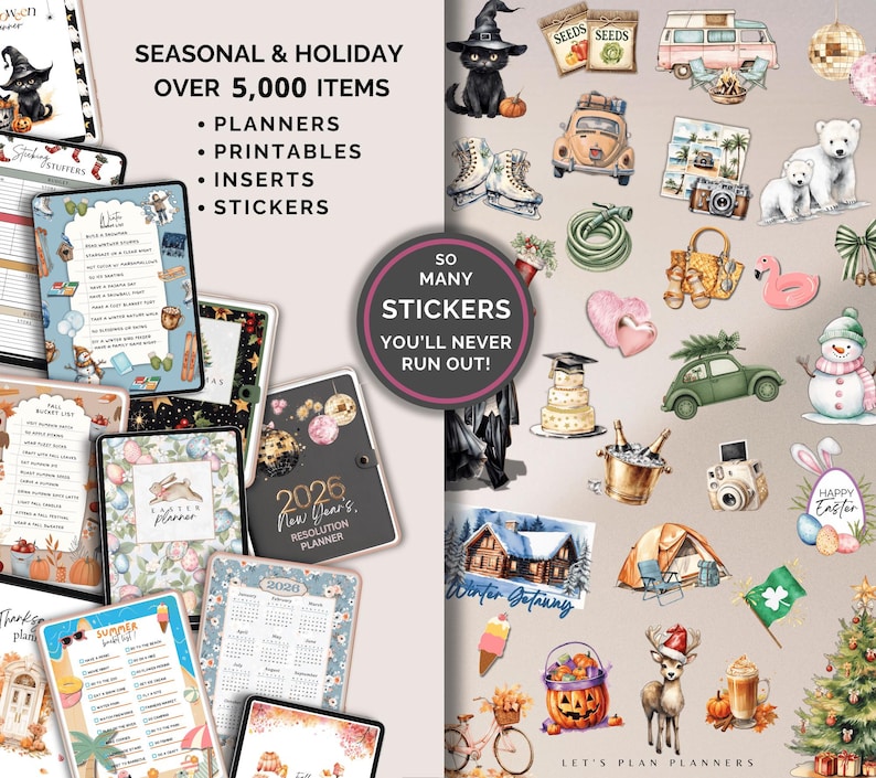 LOT BOUTIQUE Agenda numérique 2026 Modèle GoodNotes iPad Android Notability Autocollants de journal Imprimables et Inserts
