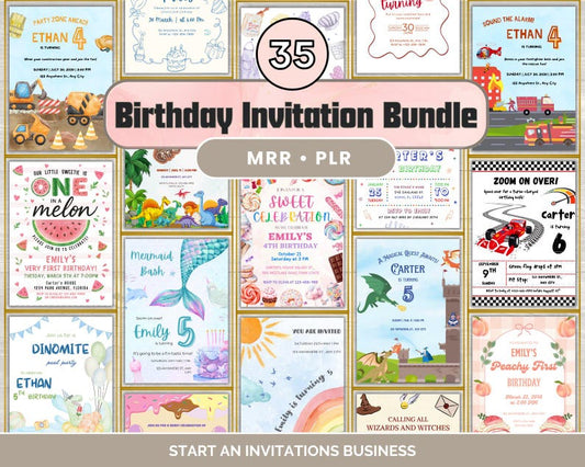 Digital Birthday Invitations Bundle | PLR & MRR Digital Product | 35 Canva Templates for Print on Demand and Digital Marketing
