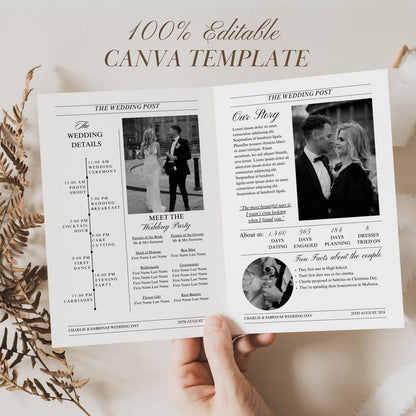 Folded Printable Wedding Newspaper Program Canva Template, Newlywed Times Newspaper Wedding Program, Infographic Ceremony Newspaper Schedule