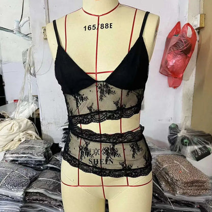 Lace Stitched Backless Small Sling V Neck Tank Top