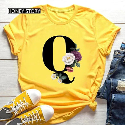 Floral Letter Print Casual T-Shirt – Short Sleeve