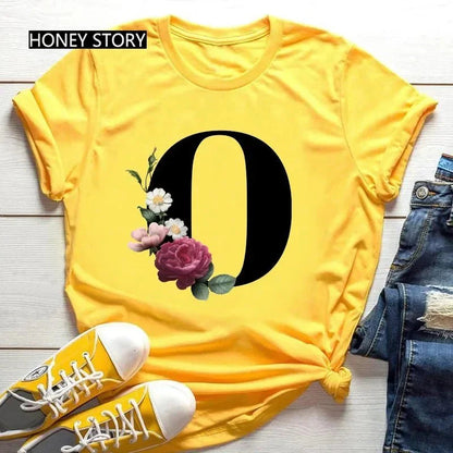 Floral Letter Print Casual T-Shirt – Short Sleeve
