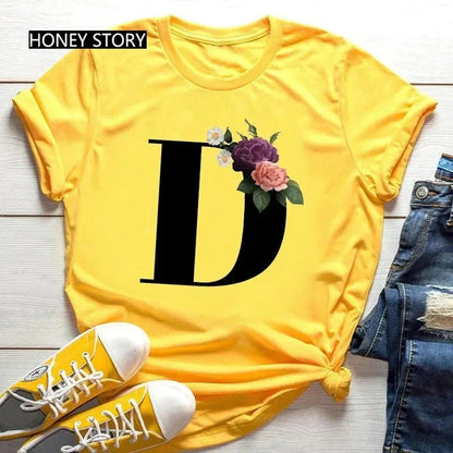 Floral Letter Print Casual T-Shirt – Short Sleeve