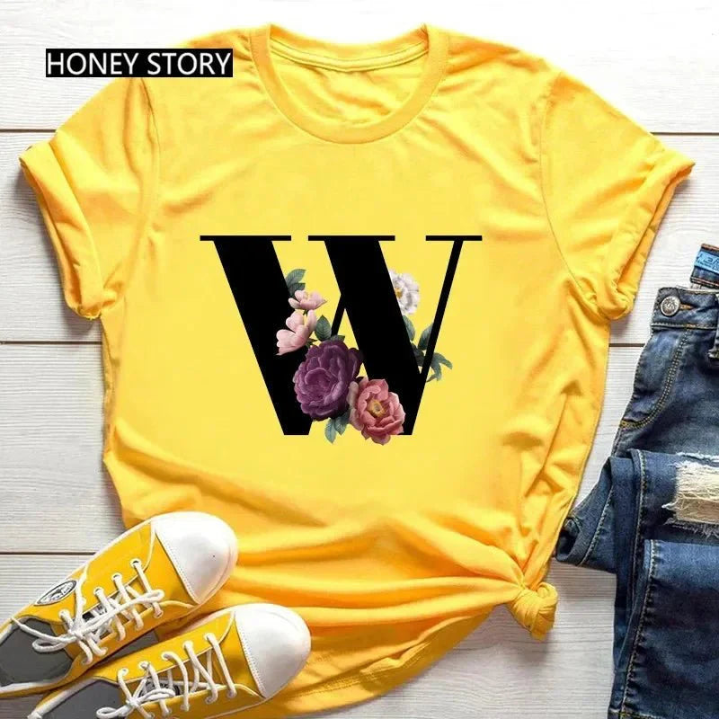 Floral Letter Print Casual T-Shirt – Short Sleeve