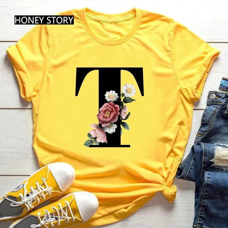 Floral Letter Print Casual T-Shirt – Short Sleeve