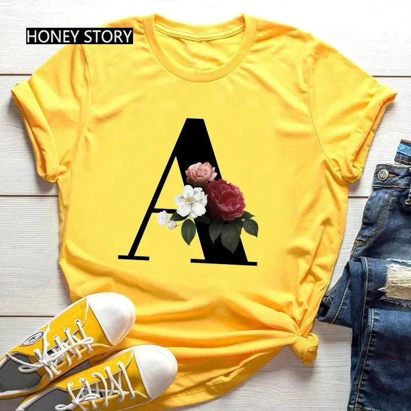 Floral Letter Print Casual T-Shirt – Short Sleeve