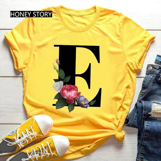 Floral Letter Print Casual T-Shirt – Short Sleeve