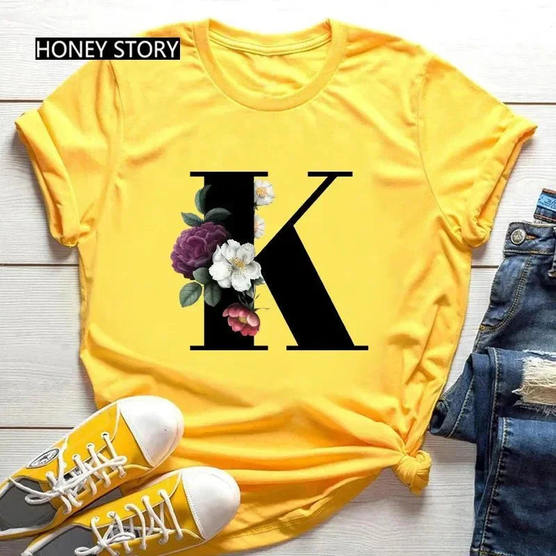 Floral Letter Print Casual T-Shirt – Short Sleeve