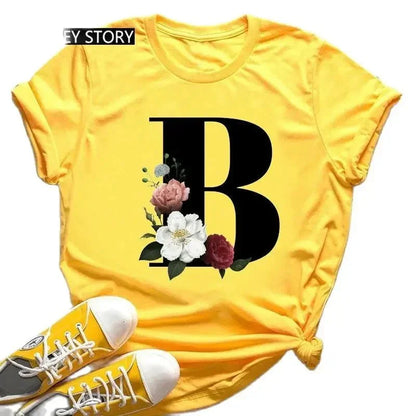 Floral Letter Print Casual T-Shirt – Short Sleeve