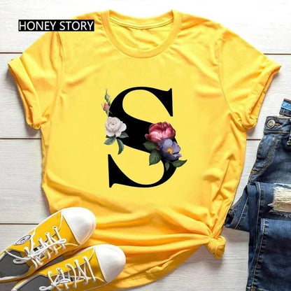 Floral Letter Print Casual T-Shirt – Short Sleeve