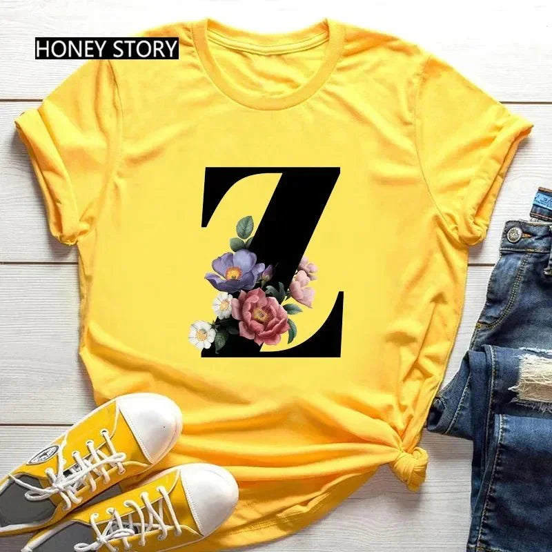 Floral Letter Print Casual T-Shirt – Short Sleeve