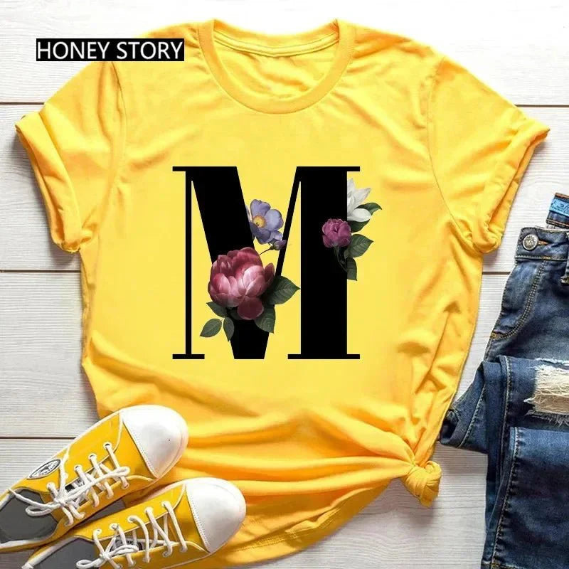 Floral Letter Print Casual T-Shirt – Short Sleeve
