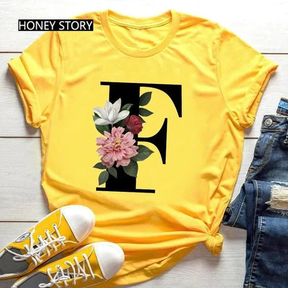 Floral Letter Print Casual T-Shirt – Short Sleeve