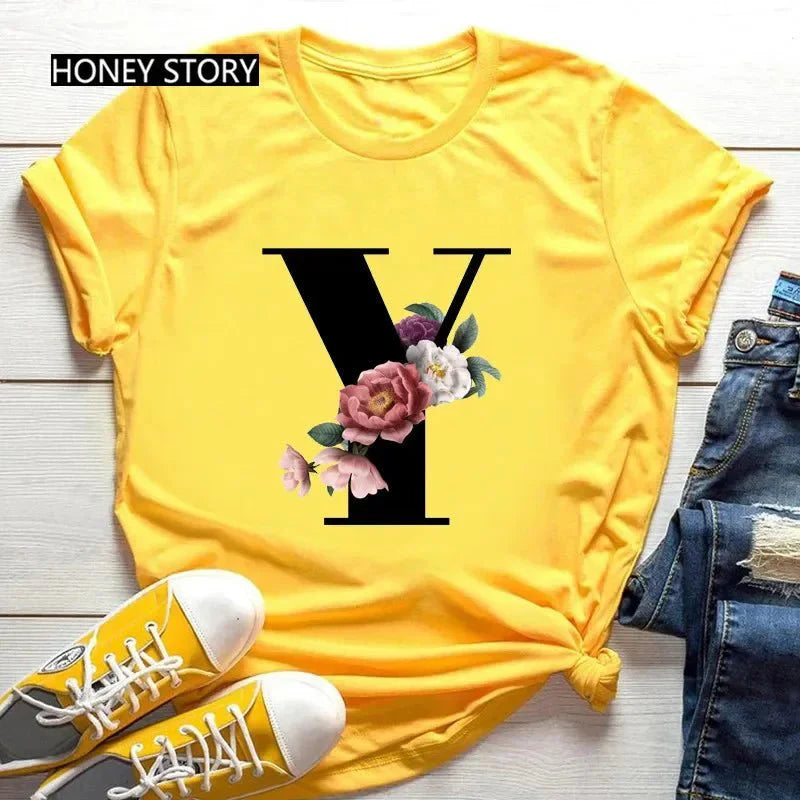 Floral Letter Print Casual T-Shirt – Short Sleeve